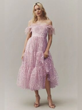 Anthropologie BHLDN Cecilia Off-The-Shoulder Polka Dot Tulle Midi Dress Pink SzL